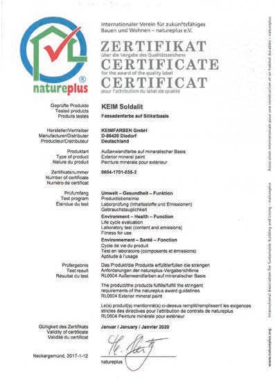 Certyfikat NATURE PLUS dla farby KEIM Soldalit.