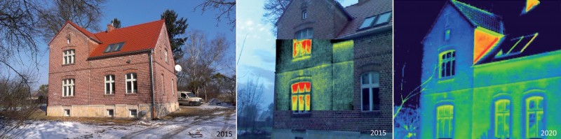 Elewacja południowa 90-letniego budynku mieszkalnego: a) widok, b) zdjęcie termowizyjne 2015 r. c) zdjęcie termowizyjne 2020 r.