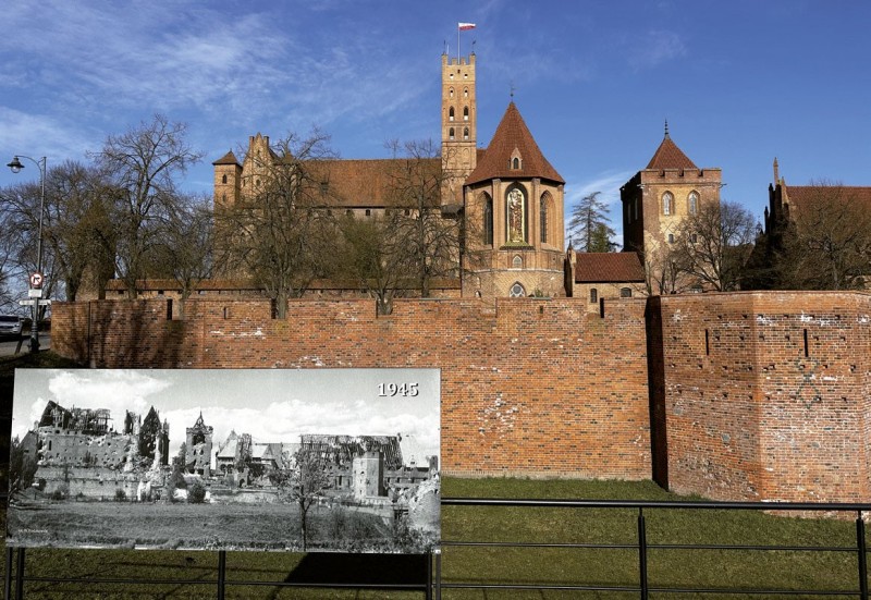 Zamek
w Malborku od strony
Wałów von Plauena.
Na pierwszym planie
fotografia zamku z 1945 r.
